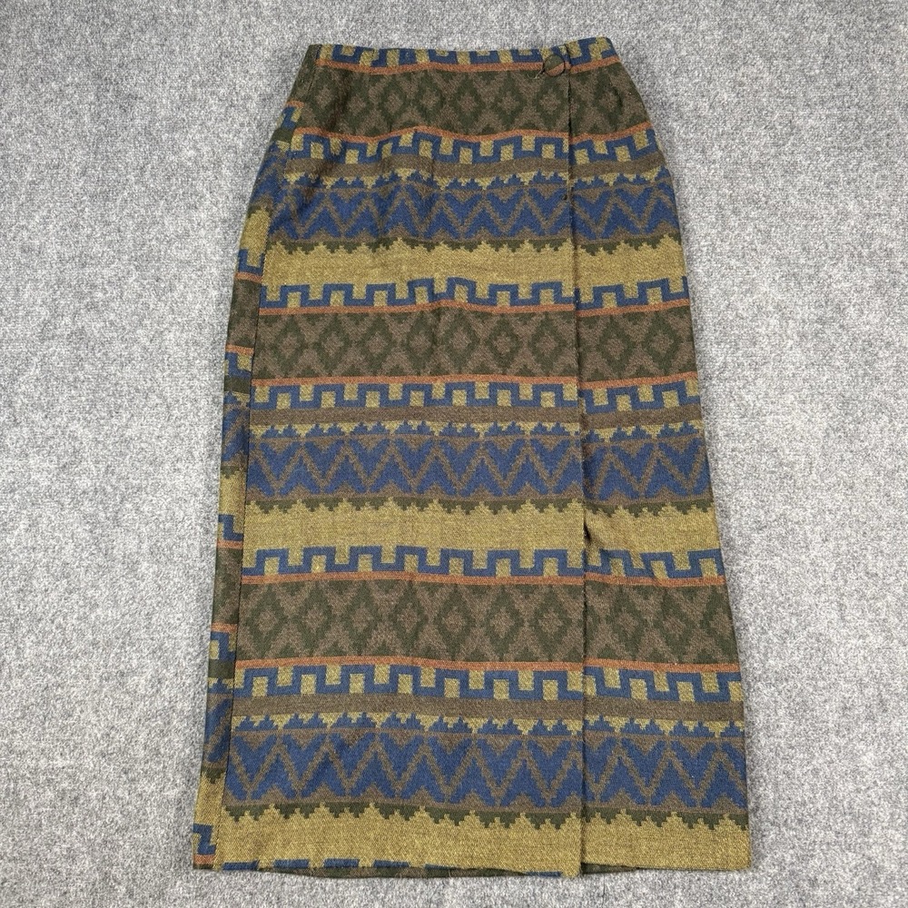 ⛰️ Vintage GSL Southwest Pattern Maxi Wrap Skirt Made in USA Aztec Boho Olive M